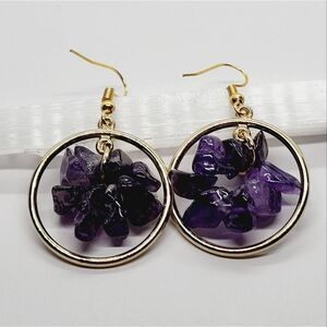 Natural Amethyst Chips Pendant Bead Earring 2" Gild Toned